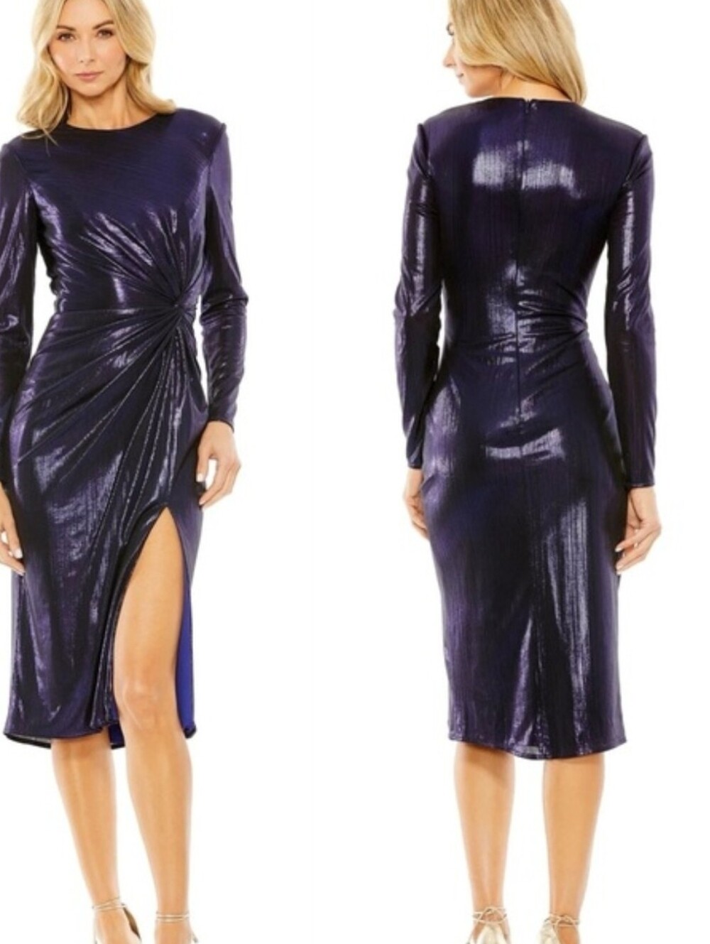 Mac Duggal NWT Purple Metallic Side Slit Long Sleeve Midi Dress Size 14 #27161